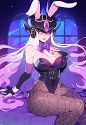 ai_generated anemoi breasts bunny_costume bunny_ears bunny_girl bunnygirl bunnysuit fishnet_legwear fishnet_pantyhose fishnets front_view headgear headwear league_of_legends long_hair nail_polish pantyhose playboy_bunny riot_games sitting sitting_on_bed solo solo_female solo_focus syndra thick_thighs thighs white_hair