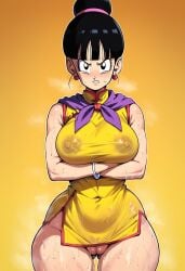 ai_generated angry chichi chichi_(majin_buu_saga) chinese_clothes chinese_dress dragon_ball dragon_ball_z hair_bun nipples_visible_through_clothing pussy_visible_through_clothes scarf sweat sweaty zeca997