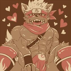 anthro clothing doggiemonkey erection fundoshi furry headband heart japanese_clothing male male_only muscular muscular_male ninja nipples sharp_teeth tadatomo teeth tenting tokyo_afterschool_summoners underwear yaoi