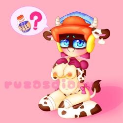 belly brawl_stars chubby cow_ears cow_horns cow_print cow_tail hands_on_breasts larry_(brawl_stars) nipple_piercing panties_only pierced_nipples piercing rule_63 ruz4sd1ary_(artist) ruzasdiary_(artist) stockings text_box