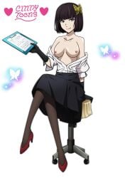 akiko_yosano breast breasts breasts_out bungo_stray_dogs bungou_stray_dogs cindy_toons clothed doctor female full_body gloves heels neckline nipples plunging_neckline purple_body purple_hair red_heels short_hair sitting stockings tits_out