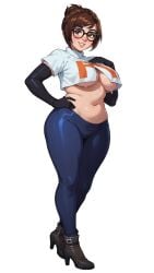 ai_generated bangs belly black-framed_eyewear boots breasts brown_eyes brown_hair elbow_gloves female full_body glasses gloves hair_bun hair_ornament high_heel_boots high_heels large_breasts looking_at_viewer mei_(overwatch) navel overwatch pants plump short_hair smile solo sweat swept_bangs thick_thighs thighs underboob