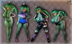 3d 3d_(artwork) 3d_model 3d_render absurd_res big_breasts blue_skirt bodysuit boots breasts clothed flower flower_in_hair geargrinder44 green_areola green_body green_hair green_skin high_heels highres hips kanna_(blaster_master) latex_suit leaf_hair leotard looking_at_viewer mob_face multiple_outfits nipples nude outfit_reference outfits plant plant_girl school_uniform schoolgirl schoolgirl_uniform simple_pupils skirt solo solo_focus swimwear tail thick_thighs thighs watermark watermelon_bra watermelon_nets watermelon_print