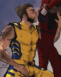 2boys arm_hair beard bodysuit brown_hair bulge_through_clothing cum_in_mouth deadpool deadpool_&_wolverine_(2024) fellatio gay james_howlett logan_(x-men) marvel muscular_male oral penis ponderosa short_hair superhero_costume wade_wilson wolverine_(x-men) x-men yaoi