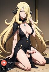 ai_generated big_breasts big_penis black_dress blonde_female blonde_hair cock colored cynthia_(pokemon) dick dress fluids futanari futanari/female grey_eyes penis pokemon sexy sexy_body sexy_pose testicles white_body white_girl white_skin