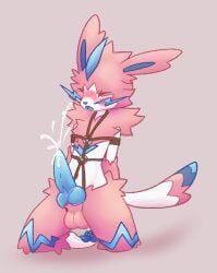 anthro arms_tied_behind_back balls belly big_penis blue_body blue_eyes blue_fur blue_penis blush blush_lines bodily_fluids bondage bondage bound cum cumshot eeveelution ejaculation fan_character felid fur fur_tuft fusion generation_6_pokemon generation_7_pokemon genital_fluids genitals grumpy hands-free hands_behind_back harness hi_res kazeeame kneeling kneeling_on_ground knot knotted_penis leaking_precum legendary_pokemon legendarypokemon male mammal moan narrowed_eyes nintendo pawpads paws penis pink_balls pink_body pink_fur pokemon pokemon_(species) pokemon_fusion precum pupils restraints rope rope_bondage rope_harness solo squint sylveon tail thick_thighs tuft white_body white_fur white_pupils zeraora