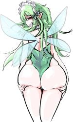 1girl ass ass_lift big_ass black_souls black_souls_2 collar evil_grin green_dress green_eyes grin holding_ass leaf_(black_souls) leotard lifting_ass light_skinned_female long_hair maid_headdress mannymcmann teasing