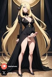 ai ai_generated big_breasts big_penis black_dress blonde_female blonde_hair cock colored cynthia_(pokemon) dick dress fluids futanari futanari/female grey_eyes masturbation penis pokemon sexy sexy_body sexy_pose testicles white_body white_girl white_skin