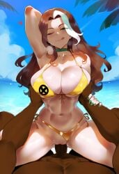 1boy 1girls ai_generated bikini breast_grab cowgirl_position dark-skinned_male edit large_breasts marvel rogue_(x-men) x-men