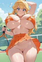 ai_generated almost_naked blush bra_removed bra_snap embarrassed female_only huge_breasts overflowing_breasts princess_daisy_(cosplay) princess_peach pussy_peek skimpy skirt_lift skirt_up super_mario_bros. superbotux surprised tagme tennis_racket tennis_uniform