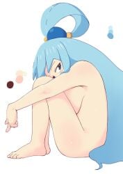 aqua_(konosuba) blue_eyes blue_hair completely_nude curled_up karimune naked side_profile sideboob very_long_hair