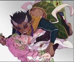 1boy 1boy1girl 1girls after_fight before_sex blood braided_hair dark-skinned_male demon demon_boy demon_slayer dominant dominant_male domination female fight green_eyes green_hair hantengu hashira horns horny horny_male human kanroji_mitsuri kimetsu_no_yaiba kissing licking lying lying_on_back male/female on_top pale-skinned_female pink_hair red_eyes scared_expression submissive submissive_female tongue tongue_out upper_moon wound wounded yellow_eyes zohakuten