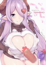 1boy blue_eyes blush breast_squeeze breasts censored cleavage cum cum_on_body cum_on_breasts cum_on_upper_body disembodied_penis doraf granblue_fantasy hair_ornament hair_over_one_eye happy_valentine heart heart-shaped_pupils horns kuavera large_breasts lavender_hair long_hair looking_at_viewer mosaic_censoring narmaya_(granblue_fantasy) paizuri penis perpendicular_paizuri pointy_ears smile solo_focus straight sweater symbol-shaped_pupils valentine