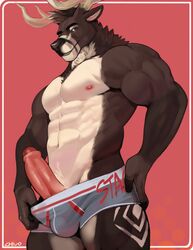 1boy 2018 abs anthro ashton_(character) blue_eyes brown_fur bulge cervine clothing deer erection foreskin fur glans grey_underwear hi_res humanoid_penis kalchivo male male_only mammal muscular muscular_male nipples penis pinup poking_out pose solo uncut underwear white_fur