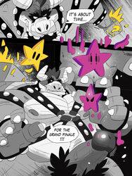 2018 bowser collar comic english_text erection galgard harness horn humanoid_penis koopa larger_male male mario_(series) monochrome muscular muscular_male nintendo overweight penis pubes punch scalie shell size_difference solo speech_bubble spiked_armlet spiked_collar spikes star super_mario_bros._3 text video_games yaoi