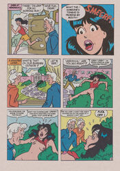 1boy 2girls 5_toes 6_panel_comic archie_comics black_hair blue_shirt bottomless bottomless_female breasts brown_pants bushes color cum cum_in_pussy english_dialogue father_and_daughter female hiram_lodge male orange_shirt outside page_3 page_number pants petite red_shirt shirt short_hair sneakers talking_to_another tongue tongue_out veronica_lodge white_hair white_sneakers yellow_pants