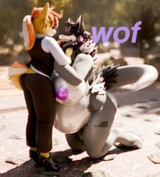 3d_(artwork) anthro big_breasts blender_cycles bondage breasts canid canine canis digital_media_(artwork) duo eyewear female haolde haolde_(character) hi_res huge_breasts mamagen mammal open_mouth petplay pregnant roleplay sunglasses tongue tongue_out wolf