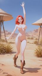 1girls ai_generated breasts breasts breasts cowboy_boots desert female green_eyes hi_res highres large_breasts naked nipples nude original_character outdoors pixai plants red_hair smile solo waving