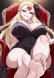 ai_generated barefoot black_dress black_eyes blonde_hair cleavage do-s feet huge_breasts looking_at_viewer monster_girl one-punch_man pale-skinned_female red_pupils solo_female starseeker234 throne