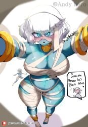 1girls andy_hero bandage bandages blue_eyes blue_skin curvy female hero_inside huge_breasts large_breasts looking_at_viewer mummy mummy_girl_(hero_inside) navel open_mouth pov pov_eye_contact shiny_skin short_hair solo spanish_text thick_thighs toes white_hair wide_hips