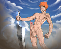 1boy anma anma_(ryuichi87) bleach blush erection ichigo_kurosaki male male_focus male_only nude outdoors penis solo sweat sword uncensored weapon yaoi