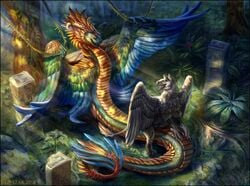 2018 anal avian detailed_background digital_media_(artwork) duo feathered_wings feathers feral foliage grey_feathers gryphon hi_res invalid_tag jungle kervburd male on_top penis qotalaithatxl quetzalcoatl red-izak reptile reverse_cowgirl_position ruins scalie sex snake wings yaoi