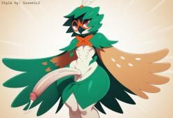 ai_generated anthro avian balls beak big_penis bird bodily_fluids cum decidueye erection feathered_wings feathers generation_7_pokemon genital_fluids genitals girly green_body green_feathers hellsonger hi_res humanoid_genitalia humanoid_penis looking_at_viewer male nintendo penis pokemon pokemon_(species) precum precum_drip pseudo_clothing simple_background solo vein veiny_penis winged_arms wings