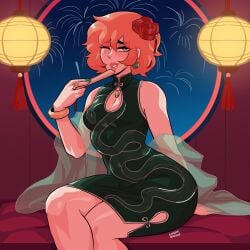 1futa chinese_dress chinese_new_year dress earrings flower_in_hair futa_only futanari hi_res loggus_doggus looking_at_viewer olivia_(loggus_doggus) orange_hair sitting smiling smiling_at_viewer solo wink winking_at_viewer