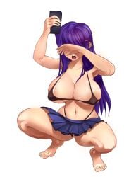 1female 1girls artist_request big_breasts blue_skirt breasts covering_eyes covering_face doki_doki_literature_club female female_focus holding_phone long_hair micro_bikini mouth_open navel open_mouth phone phone_in_hand purple_hair skirt tagme_(artist) transparent_background unknown_artist unknown_source yuri_(doki_doki_literature_club)