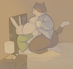 2boys anthro aquatin ass bed bedroom belly big_moobs bottomless bottomless_male breasts bunny button_down_shirt face_against_belly face_on_belly fat feline feline_humanoid furry glasses glasses_removed grabbing_belly hips lagomorph lagomorph_humanoid lamp large_ass male male_focus male_only moobs overweight overweight_male polo_shirt rabbit socks stomach thick_thighs thighs weight_gain wide_hips yellow_eyes