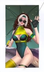 1girls balandis-meow brown_hair cleavage cleavage_cutout female female_only fingerless_gloves fully_clothed gloves green_eyes png race_queen revealing_clothes rogue_(x-men) sunglasses tight_clothing umbrella white_hair