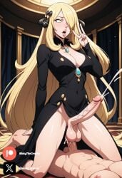 ahe_gao ahegao_face ai_generated big_breasts big_penis black_dress blonde_female blonde_hair cock colored cow_girl cum cumming cynthia_(pokemon) dick dress fluids futanari futanari/female grey_eyes peace_sign penis pokemon sexy sexy_body sexy_pose testicles white_body white_girl white_skin