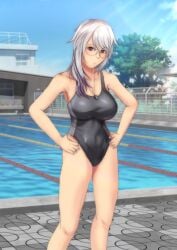 glasses huge_breasts one-piece_swimsuit original original_character pool purple_eyes stickvenezuela swimsuit thick_thighs whistle white_hair wide_hips