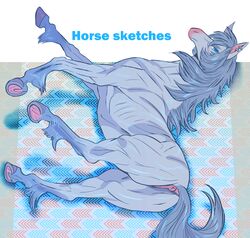 2016 ambiguous_gender anus ass blue_eyes ear_piercing english_text equine feral fur grey_fur grey_hair hair hooves horse isaki lying male_only mammal on_side perineum piercing solo text underhoof