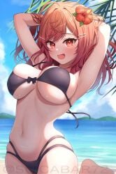 :d afternoon beach belly big_breasts black_bra black_pantie black_panties blush breasts cheeks feet feet_up female female_focus fit_female flower flower_in_hair gradient gradient_hair hololive hololive_dev_is hololive_regloss ichijou_ririka orange_hair orange_hair_female pov red_eyes smile smile_at_viewer smiley_face smooth_armpits smooth_body suicabar75_(artist) sunny_day swimsuit virtual_youtuber