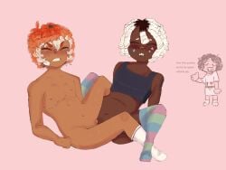 2cuntboys binder binder_(clothing) cosmo_(dandy's_world) cuntboy dandy's_world dark_skin gay high_thighs human intersex mastectomy_scar pussy scissoring shrimpo_(dandy's_world) socks tan_skin