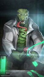 2016 abs anthro balls big_balls big_penis colored_cum cum cum_collection cum_in_test_tube cum_on_table cumshot curt_connors ejaculation fangs forked_tongue glowing glowing_cum green-skinned_male green_cum green_scales horny_(disambiguation) huge_cock humanoid_penis hybrid lab_coat lizard male male_only mammal marvel marvel_comics masturbation muscular muscular_male open_clothing orgasm penile_masturbation penis pupilless_eyes reptile reptile_humanoid scalie scientist solo spider-man_(series) test_tube the_lizard_(marvel) todex tongue tongue_out unprofessional_behavior unusual_cum vein veiny_penis vial