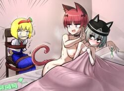 1boy 2girls after_sex alice_margatroid animal_ears areola_slip bed black_bow black_choker black_hat blonde_hair blue_dress bound bow braid breasts cat_ears cat_girl cat_tail choker commentary_request condom condom_packet_strip condom_wrapper cookie_(touhou) cum dress extra_ears eye_of_providence full_body grey_hair hairband hairbow hat jgknskdcfwnmnk_(cookie) jigoku_no_soko_de_coffee_wo_nomu_neko kaenbyou_rin long_hair medium_breasts multiple_girls nipple_piercing open_mouth piercing pointy_ears red_eyes red_hair red_hairband reverse_netorare short_hair smile somu-kun's_gachikoi_stalker somu_(cookie) straight tail tied_up_(nonsexual) touhou twin_braids used_condom