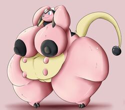 10s 2015 anthro areola big_areola big_breasts blush bovine breasts cattle female female_only huge_breasts mammal miltank morbidly_obese nintendo non-human_areolae nude obese overweight pokemon pokemon_(species) pose pussy rakashama simple_background smile solo teats udders video_games