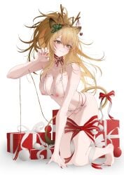 absurdres alternate_costume animal_ears arknights bare_shoulders barefoot bikini blonde_hair box breasts censored christmas_present closed_mouth dlnk fake_antlers feet female gift gift_box hashtag-only_commentary highres leg_ribbon legs lion_ears lion_girl lion_tail mosaic_censoring nipple_cutout nipples open_mouth paw_pose pussy_cutout ribbon santa_bikini seiza siege_(arknights) simple_background sitting smile solo stomach swimsuit tail toes white_background yellow_eyes