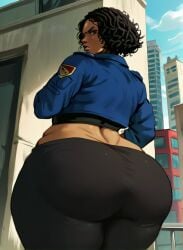 1girls 2d 2d_(artwork) ai_generated albany_(magnumdawn) angry annoyed ass ass_focus back_view big_ass biracial biracial_female black_hair black_leggings black_pants black_shirt blue_jacket blue_sky bottom_heavy bottom_heavy_female brown_eyes brown_skin brown_skinned_female building chubby chubby_female city city_background crop_top curly_hair curly_hair_female curvy_hips dark-skinned_female dark_skin eye_contact fat_ass female female female_focus female_only from_behind hips hispanic hispanic_female huge_ass large_ass latina leggings looking_at_viewer looking_back looking_back_at_viewer looking_down_at_viewer low-angle_view magnumdawn military_jacket oc original original_character outdoors outside overweight overweight_female plump pony_diffusion_xl rear_view short_hair sky skyscraper solo solo_female stable_diffusion thick_thighs thighs turning_head wide_hips