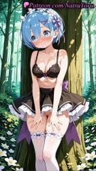 1girls 2025 ai ai_assisted ai_generated anime anime_style ass_visible_through_thighs back_bow bangs bare_arms bare_shoulders black_bra black_skirt blue_eyes blue_hair blush bottomless bow bow_bra bra breasts bust busty cleavage cleft_of_venus closed_mouth collarbone day female female_focus female_only flower flower_knot flowers forest frilled_skirt frills hair_between_eyes hair_flower hair_ornament hair_over_one_eye hair_ribbon hairband hands_on_own_thighs hentai hi_res high_quality high_resolution highres lingerie lolita_hairband looking_at_viewer looking_to_the_side maid maid_headdress medium_breasts miniskirt natsuyoru nature navel no_panties no_shirt nopan outdoors paipan panties patreon pink_ribbon purple_bow purple_ribbon pussy re:zero_kara_hajimeru_isekai_seikatsu rem_(re:zero) ribbon short_hair skirt smile solo solo_female stable_diffusion standing stomach thighhighs thighs tree uncensored underwear upskirt vagina voluptuous voluptuous_female white_flower white_legwear white_thighhighs x_hair_ornament