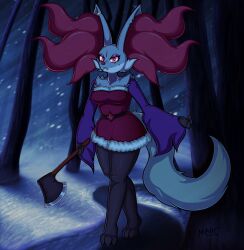 anthro axe big_breasts breasts christmas_clothing christmas_outfit delphox detailed_background female furry generation_6_pokemon looking_at_viewer mahoxy_(artist) pokemon pokemon_(species) shiny_delphox shiny_pokemon tagme thick_thighs wide_hips