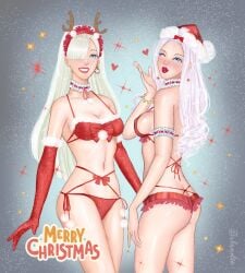 2girls balandis-meow blue_eyes christmas christmas_outfit cleavage elbow_gloves female female_only gloves lipstick long_gloves makeup png revealing_clothes