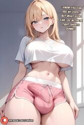 1futa ai_generated ass big_breasts blonde_hair breasts bulge bulge_through_clothing curvy dialogue dick english english_text erect_penis erection futa_only futadom futadom_caption futanari horny horny_futa light-skinned_futanari light_skin looking_at_viewer luvnari panties penis shorts skinny_futanari solo_futa standing taker_pov veins_on_dick veiny_penis