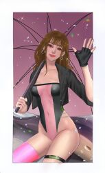 1girls balandis-meow brown_hair earrings eyeshadow female female_only fingerless_gloves gloves hoop_earrings lipstick makeup png race_queen revealing_clothes tight_clothing umbrella