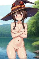 1girls ai_generated brown_hair caught_naked forest kono_subarashii_sekai_ni_shukufuku_wo! lake looking_at_viewer megumin naked naked_female nude nude_female pout pussy red_eyes thick_thighs wet wet_body wide_hips witch_hat