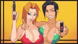 2girl 2girls arm_around_another big_breasts black_hair blue_eyes breasts breasts_to_breasts brown_eyes caucasian caucasian_female cel_shading chinese chinese_female cleavage duo fear_effect glint gun hana_tsu-vachel holding_gun inkuusan large_breasts lipstick pointing_gun_at_viewer ponytail rain_qin simple_background smile soft_breasts tagme wink winking