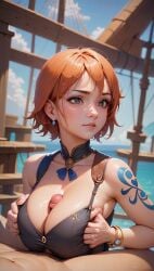 1boy1girl ai ai_generated black_bra bra breasts brown_eyes dick_between_boobs earrings female_focus looking_away nami nami_(one_piece) one_piece orange_hair paizuri paizuri_lead_by_female paizuri_under_clothes penis_between_breasts pirate_girl pirate_ship pre_timeskip quinzo11 self_upload short_hair shounen_jump tattoo tattoo_on_arm tattooed_arm tattooed_female toei_animation