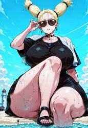 1girls 4k absurd_res absurd_resolution absurdres adjusting_eyewear ai_assisted ai_generated anime anime_style beach big_breasts blonde_hair blue_eyes busty choker civitai day detailed detailed_background dress earrings female giga_giantess huge_ass huge_breasts in_water jujutsu_kaisen knee_up lighthouse looking_at_viewer loose_clothes macrophilia nishimiya_momo outside raised_eyebrow sitting size_fetish solo solo_female sunglasses sweat sweatdrop sweating tall_female thick_female thick_thighs thunder_thighs thunderthighs towel_on_shoulder twintails voluptuous_female wet wet_body wide_hips